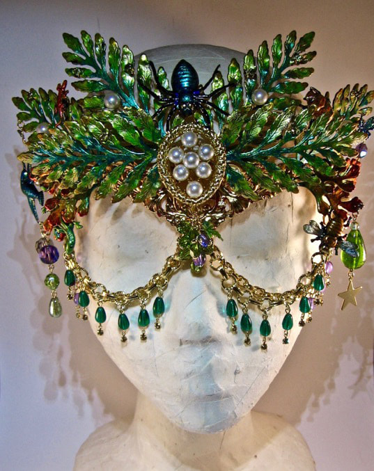 Handmade enameled carnivale mask with Austrian crystal, blown glass and 14 karat gold embellishment by Richard Bradley for My Pink Planet. 