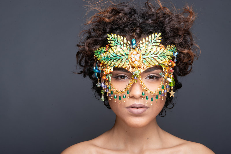 Handmade enameled carnivale mask with Austrian crystal, blown glass and 14 karat gold embellishment by Richard Bradley for My Pink Planet. Model: @_Stylish_Michelle Photographer: @mduranstudio 