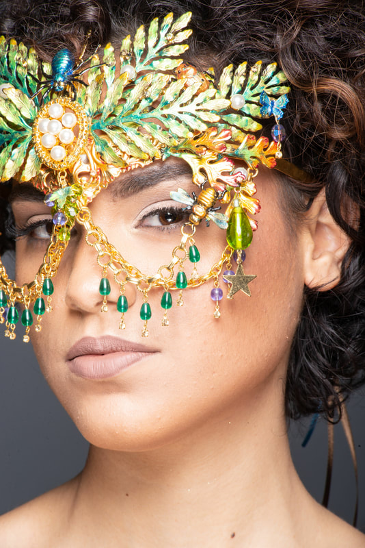 Handmade enameled carnivale mask with Austrian crystal, blown glass and 14 karat gold embellishment by Richard Bradley for My Pink Planet. Model: @_Stylish_Michelle Photographer: @mduranstudio 